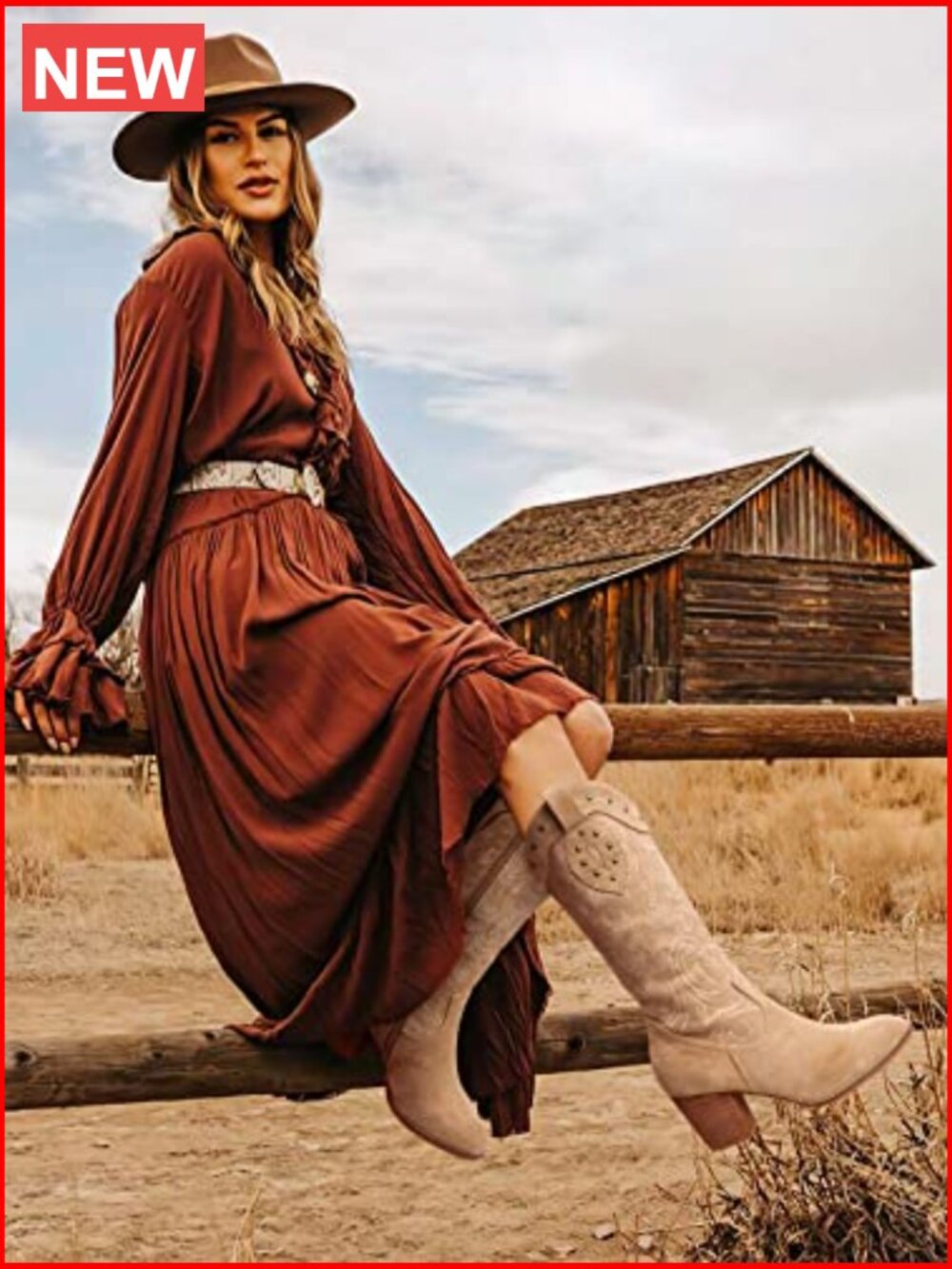 Western Mid Calf Boots for Women – Chunky Heel Pointed Toe Suede Embroidered - Picture 2 of 7